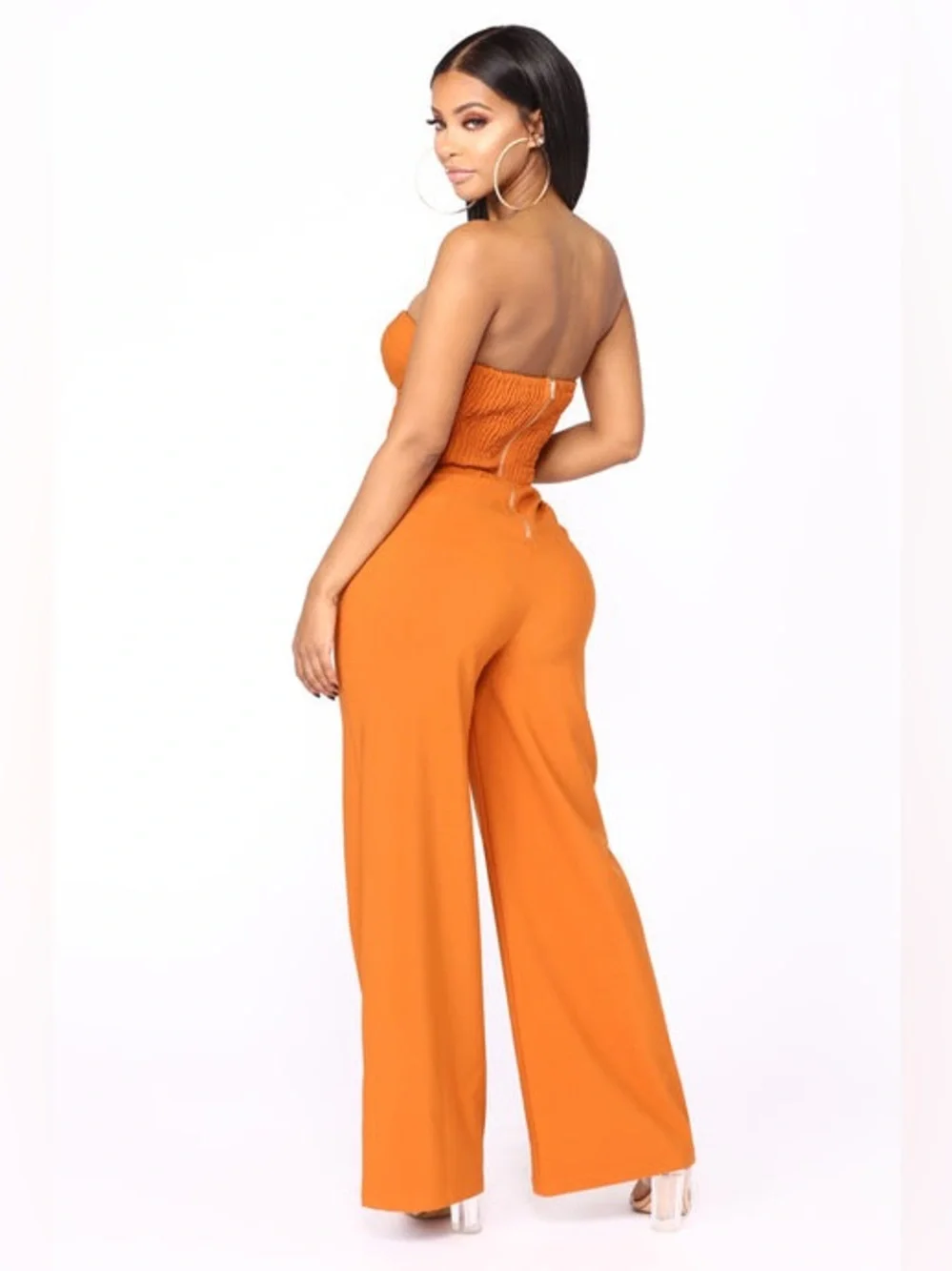Fashion Nova Jumpsuit Womens Size M orange brown Strapless Sweetheart Wide-Leg - Picture 2 of 7